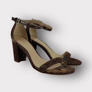 Stuart Weitzman Nearlynude Block-Heel Glitter Fabric Sandals 5.5